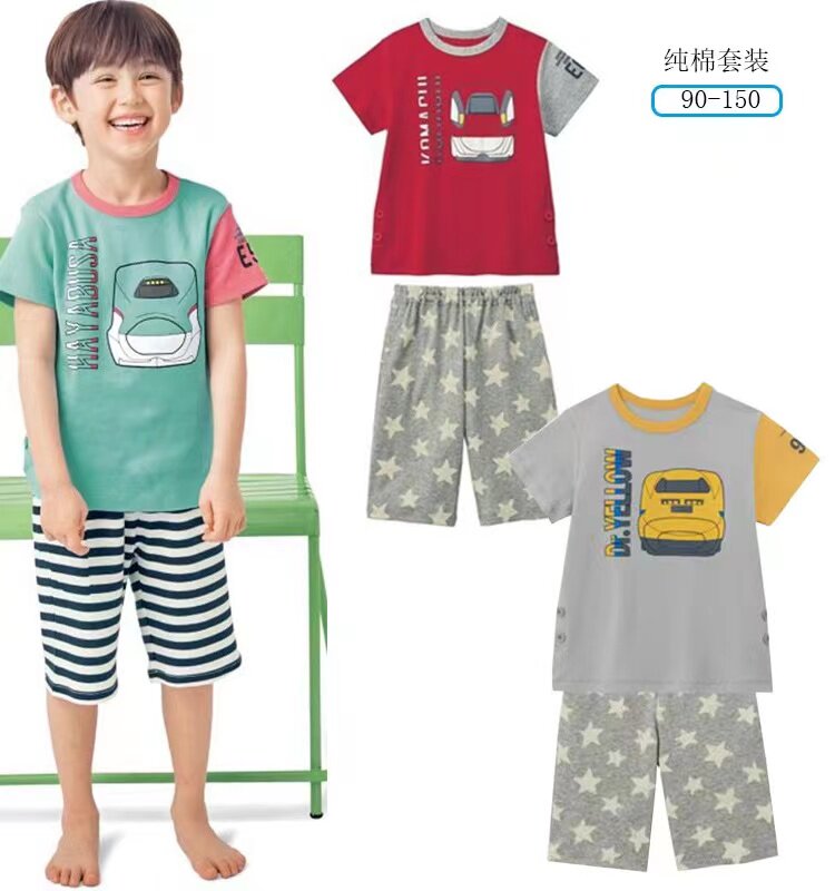 出口日本千家男童夏季家居服套装儿童薄款短裤女童短袖纯棉两件套
