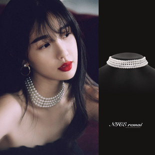 虞书欣同款珍珠项链短复古百搭小香风choker颈链法式多层珍珠项圈