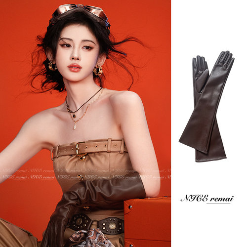 棕色软pu手套明星网红造型配饰潮