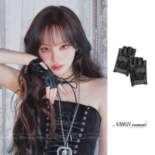 赛博朋克黑色pu皮手套Kpop女团辣妹音乐节跳舞表演直播造型配饰潮