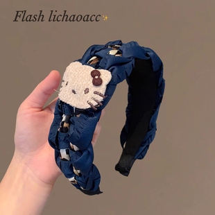 韩系蓝青布艺编织发箍可爱kt猫百搭日常发饰2025秋冬新款头箍发卡