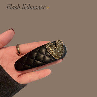 高级感水钻爱心侧边夹黑皮革品质发夹女韩系碎发刘海夹精致掰掰夹