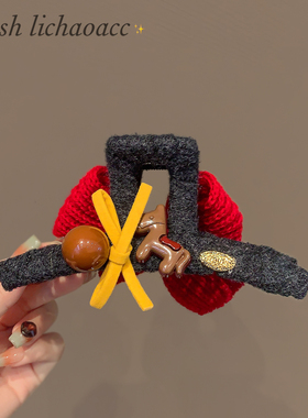 韩系时尚百搭AB面抓夹灰色毛毡布盘发夹针织红色蝴蝶结大号鲨鱼夹