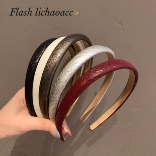 复古红色皮质发箍细款增高炉顶头箍外出百搭压发头箍质感洋气发卡