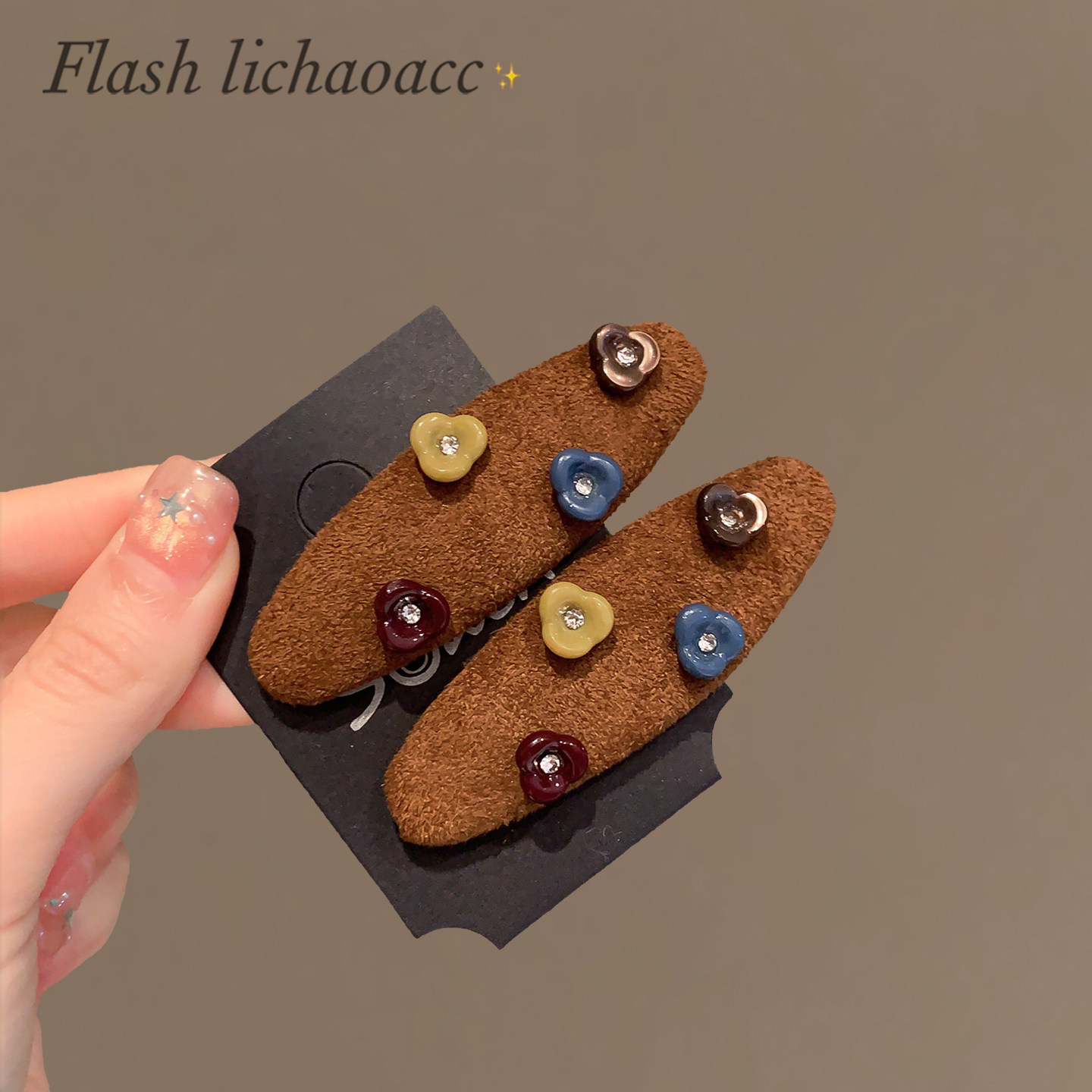 高品质棕色植绒发夹点钻小花侧边夹发卡头饰秋冬新款碎发刘海夹女