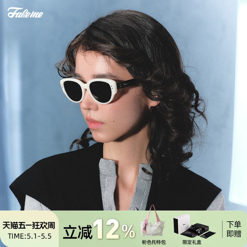 Fakeme 明星同款猫眼板材圆框眼镜墨镜太阳镜防紫外线女 red zone