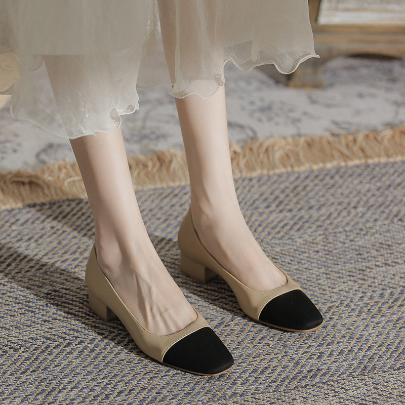 拼色粗跟鞋女法式中跟2022新款夏季小香风浅口真皮方头单鞋女气质