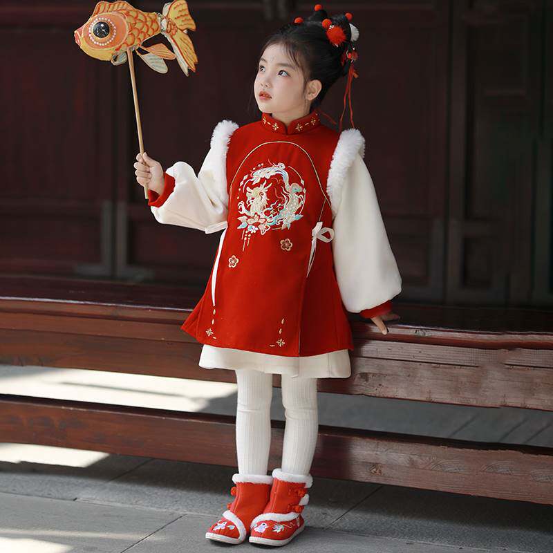 国风拜年服女童冬款唐装汉服女宝龙年过年服儿童过年喜庆衣服年服
