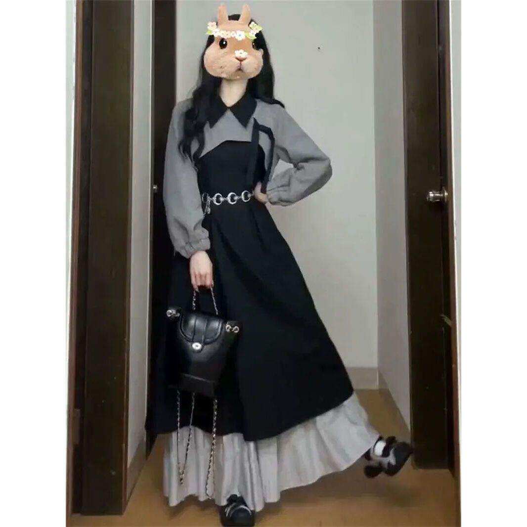 秋冬季两件套韩版甜美风气质收腰黑色背心连衣裙女灰色针织上衣