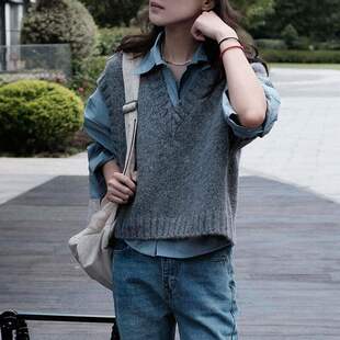 两件套装甜美复古小个子灰色针织衫马甲背心毛衣女学生蓝色衬衫