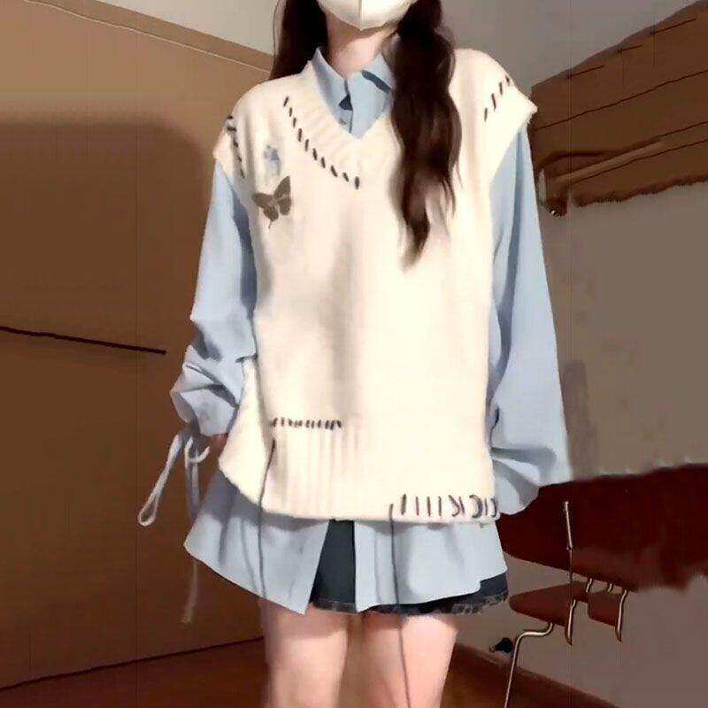 早秋穿搭一整套v领明线破洞毛衣马甲针织背心女蓝色长衬衫两件套