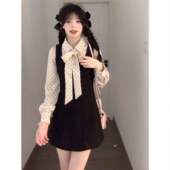 日系甜美清新绣花包臂背心连衣裙女学生蝴蝶结波点衬衫 两件套装