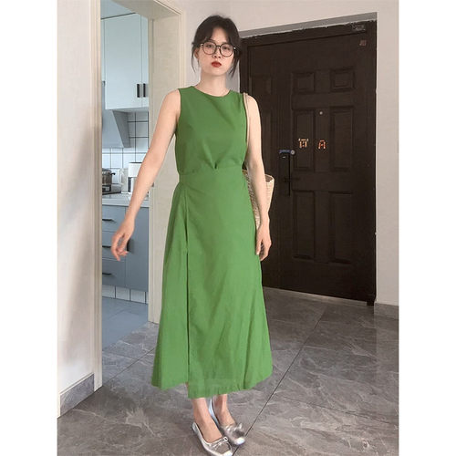 春夏简约亚麻无袖收腰显瘦连衣裙