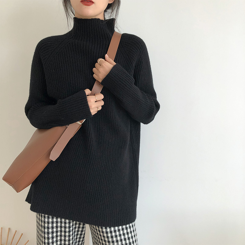 半高领中长款打底毛衣女秋冬2023新款日系慵懒复古宽松针织衫外穿