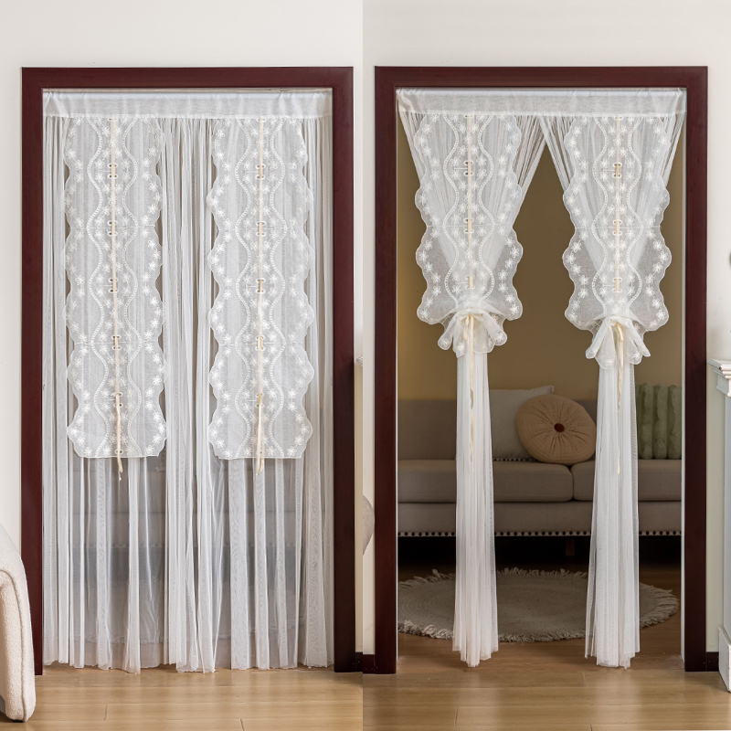 法式蕾丝刺绣门帘免打孔卧室家用隔断帘高级感防蚊门帘纱帘伸缩杆