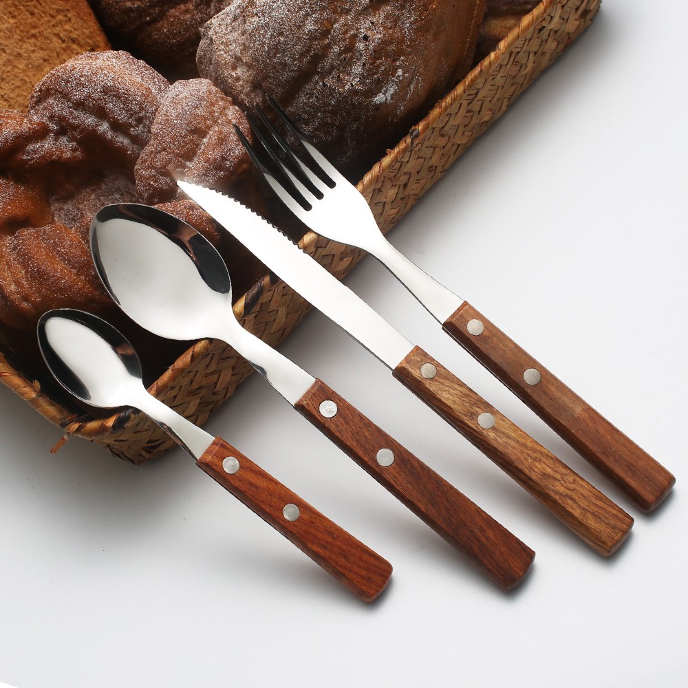 复古花梨木刀叉勺子三件套日式实木手柄不锈钢调羹汤匙吃饭勺餐具