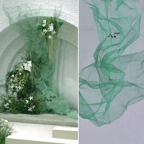 绿色可塑性加硬钢丝网金属云雾网纱设计师面料婚庆材料背景装饰布