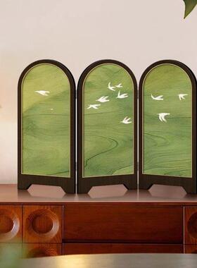 中世纪风格桌面屏风装饰绿色飞燕客厅装饰画法式覆古餐厅入口侧柜