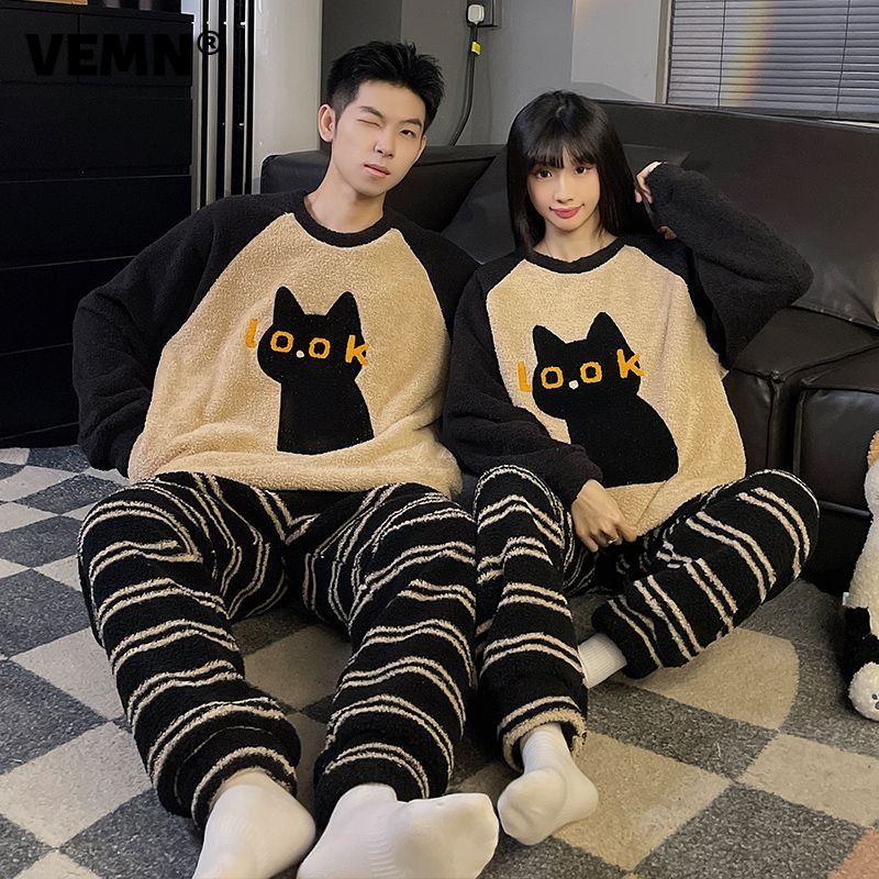 加厚珊瑚绒睡衣情侣一男一女冬季2025新款卡通秋冬天半边绒家居服