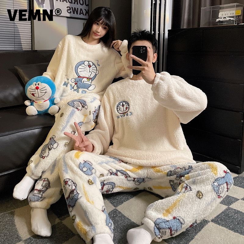 哆啦a梦睡衣女冬季珊瑚绒情侣加绒加厚男士法兰绒大码套装家居服