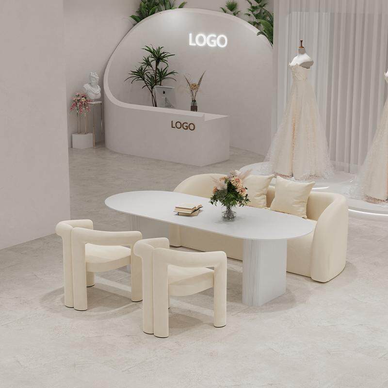 婚纱店谈单桌影楼接单桌椅美容院接待洽谈休息区沙发工作室奶油风