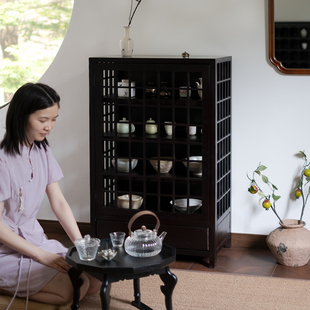 闻森家居新中式餐边柜宋代美学茶室茶具陈列收纳柜实木客厅展示柜