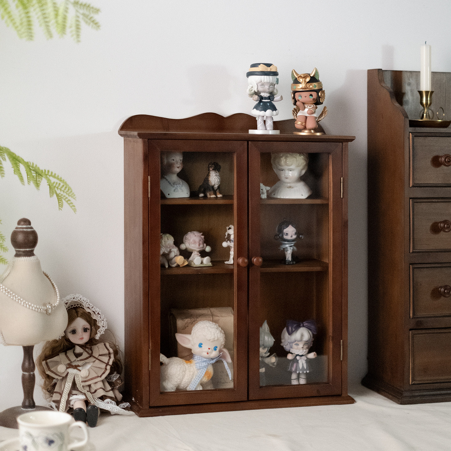 闻森家居美式复古手办展示柜整装实木双门玻璃陈列家用玩具收纳柜