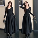 新款 高级感气质女秋季 显瘦遮肉气黑色假两件连衣裙 赫本风套装 法式