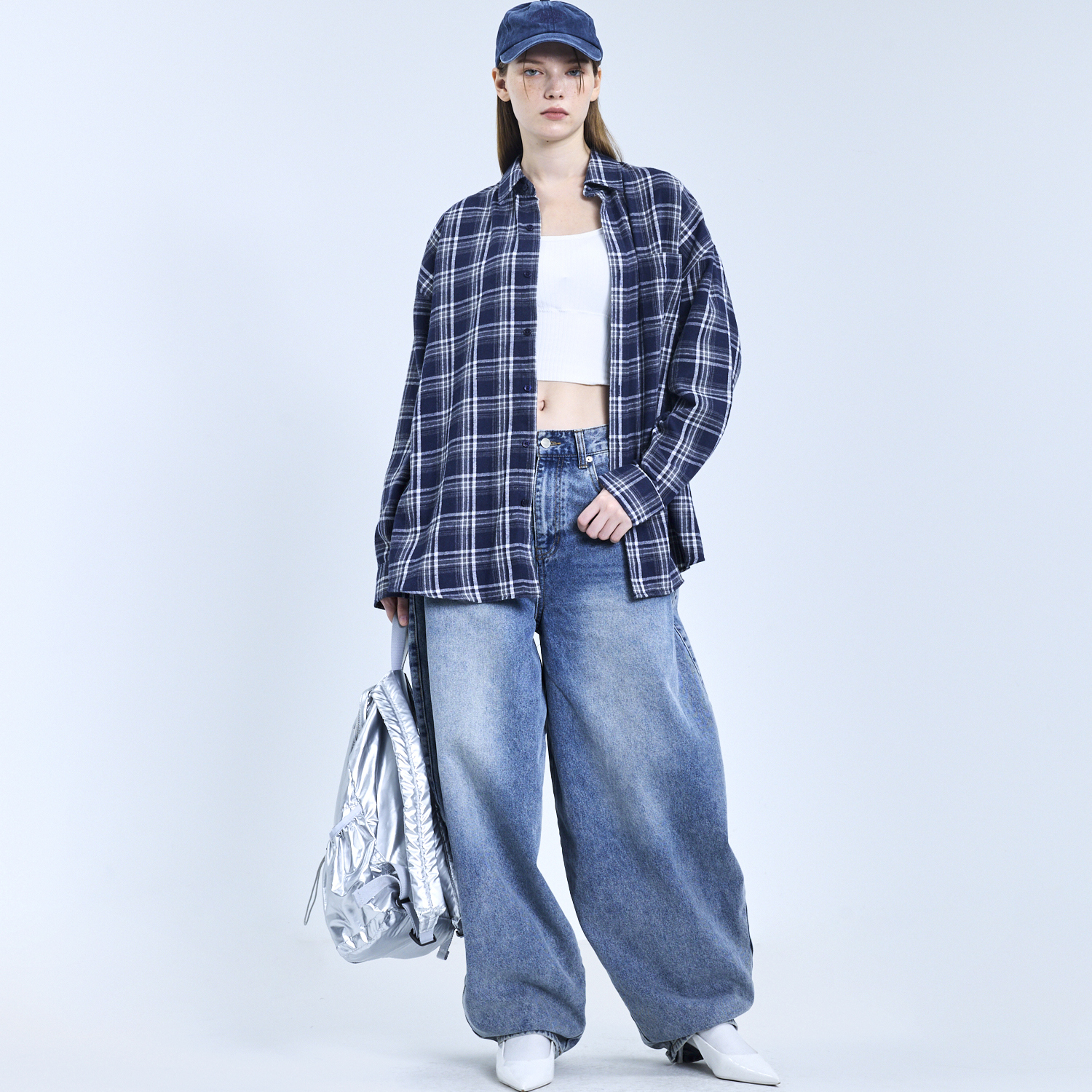 美式复古格子衬衫女长袖宽松休闲风蓝色格纹衬衣-086