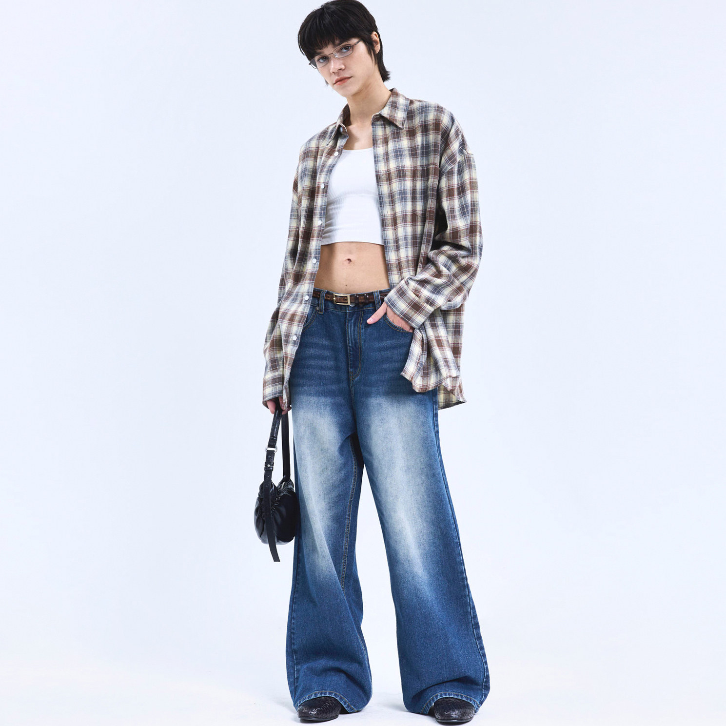 美式复古风格子衬衫宽松长袖慵懒风百搭上衣-091