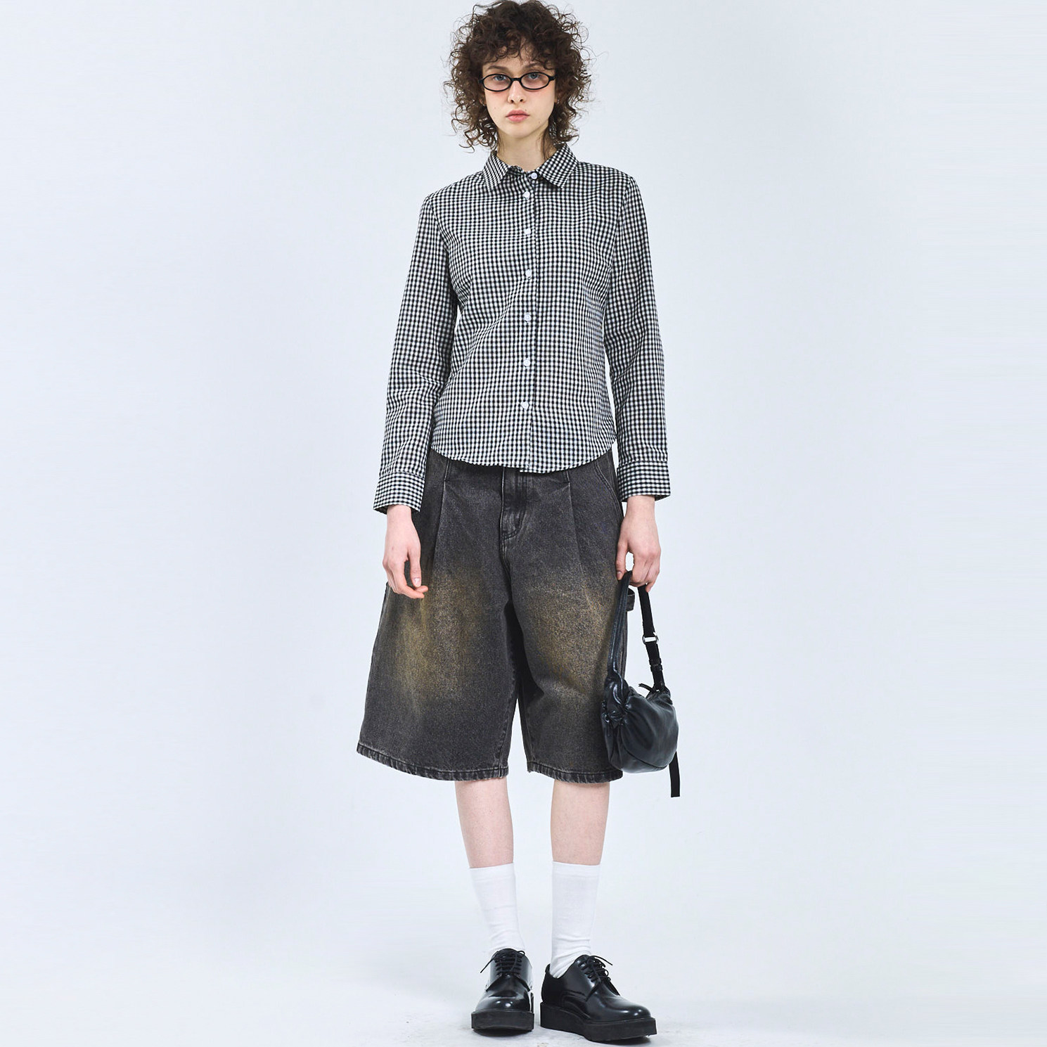 复古格子宽松短裤女夏季休闲做旧五分裤青年学院风热裤-110