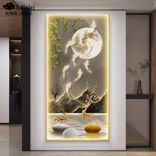 轻奢led带灯九鱼图入户玄关装饰画简约现代挂画走廊过道壁画竖版