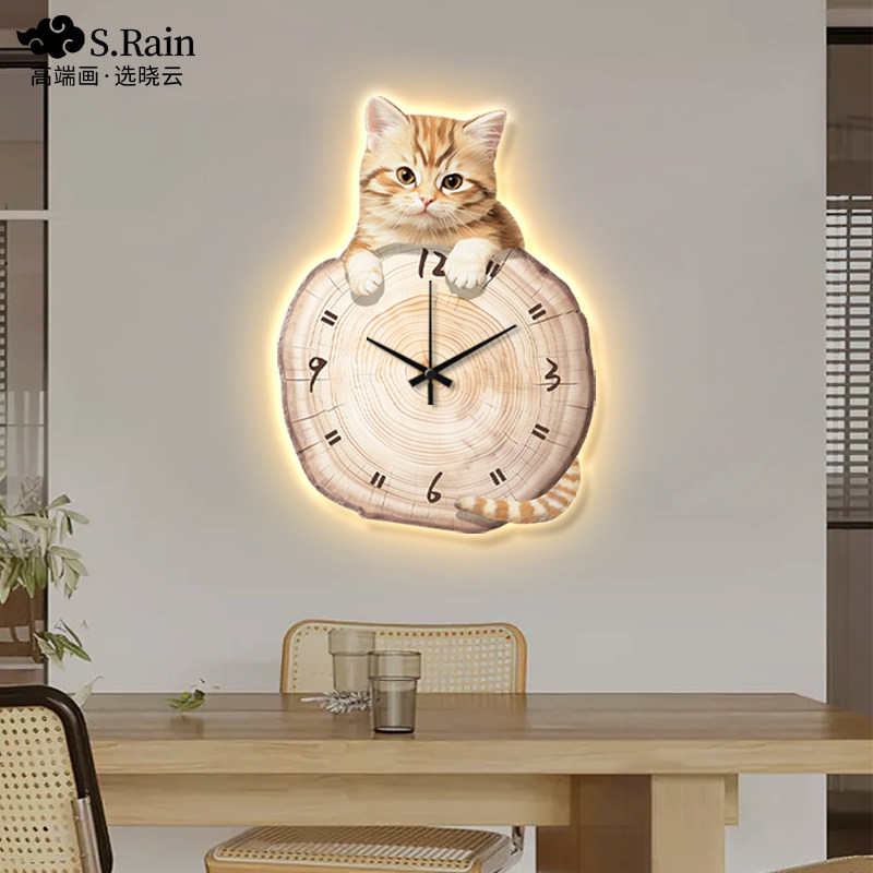 猫咪餐厅装饰画钟表北欧高级感原木风挂画饭厅背景墙创意时钟餐边