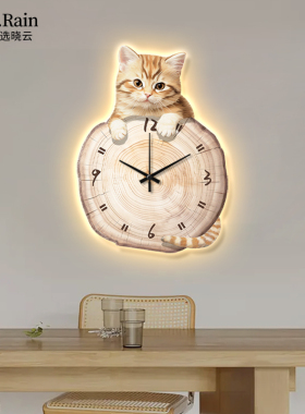 猫咪餐厅装饰画钟表北欧高级感原木风挂画饭厅背景墙创意时钟餐边