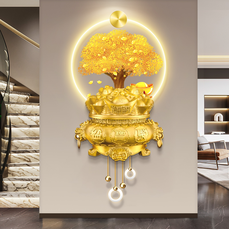 发财树入户玄关装饰画带灯轻奢高级感走廊过道挂画新年聚财壁灯画