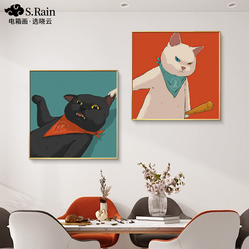 情侣头像猫咪装饰画餐厅挂画卧室床头客厅沙发背景墙现代简约壁画图片