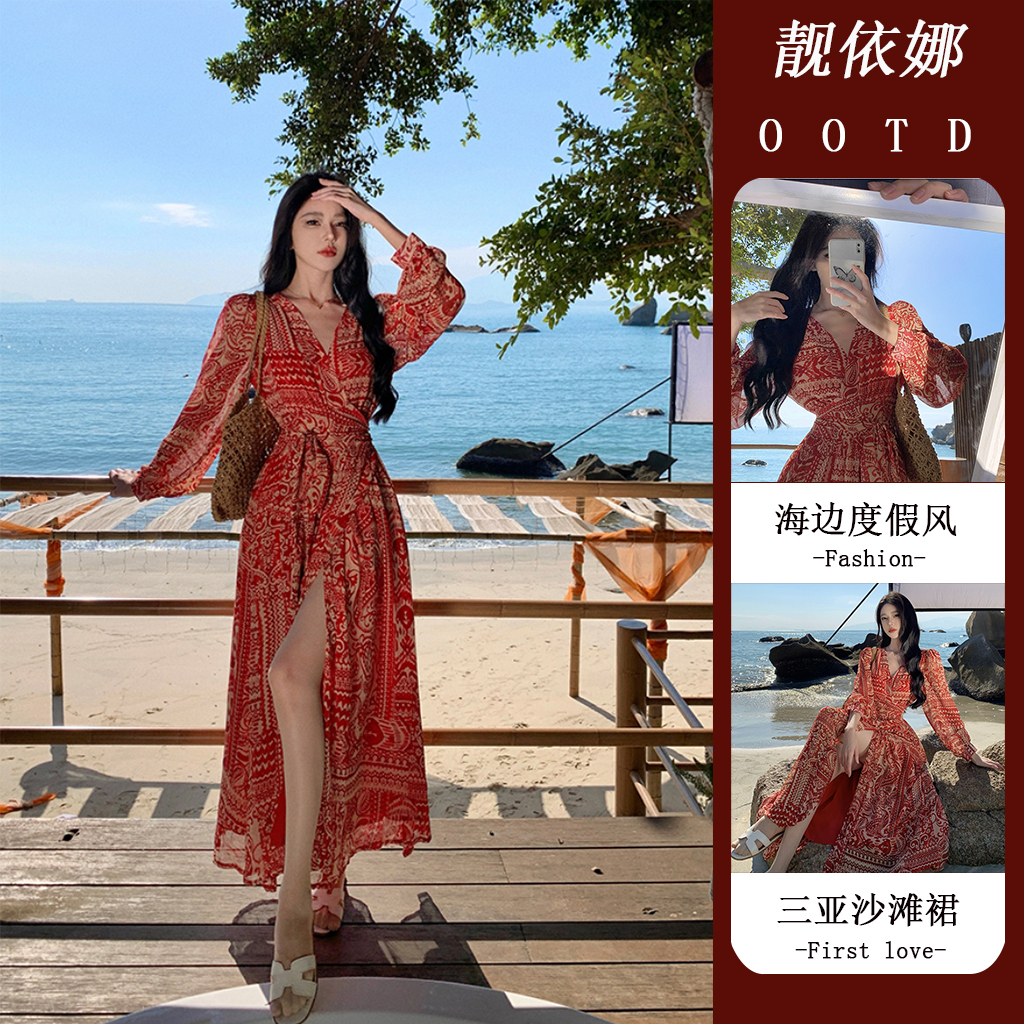 波西米亚民族风一片式收腰连衣裙女春季旅游海边拍照穿搭沙滩长裙