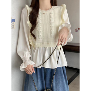 大码女装设计感小众遮肚子打底衫女秋冬季假两件甜美长袖针织上衣