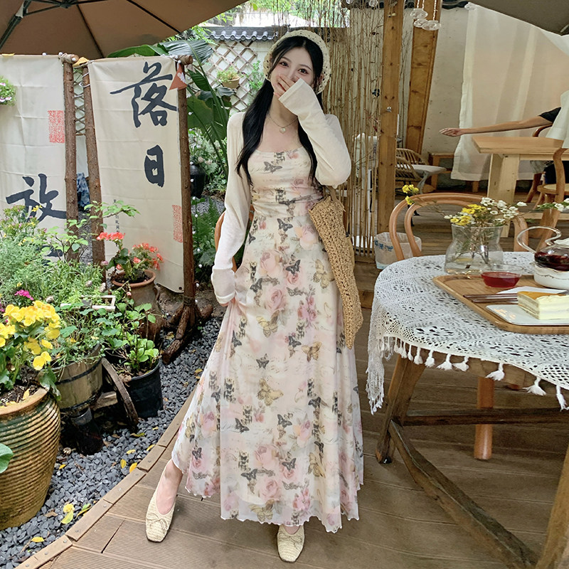夏季超仙中长款碎花吊带裙