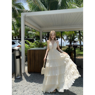 波西米亚海边度假风挂脖吊带连衣裙女夏季 大摆蛋糕沙滩长裙子 新款