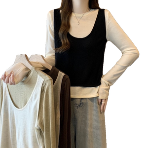 大码女装胖mm遮肉正肩T恤女上衣早秋季假两件长袖拼色内搭针织衫