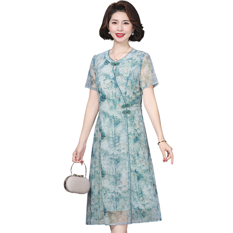 洋氣中年媽媽夏季連衣裙氣質(zhì)國(guó)風(fēng)臺(tái)灣網(wǎng)紗中式盤扣改良旗袍裙子女