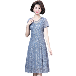 中年妈妈连衣裙洋气夏装新款夫人结婚蓝色礼服蕾丝裙平时可穿