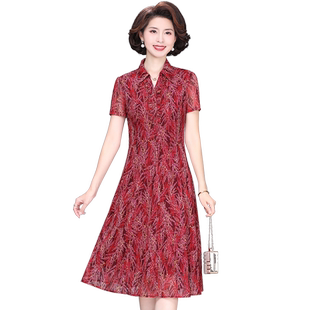 中老年女妈妈连衣裙夏装端庄大气新款时尚台湾纱贵夫人婚宴红裙子