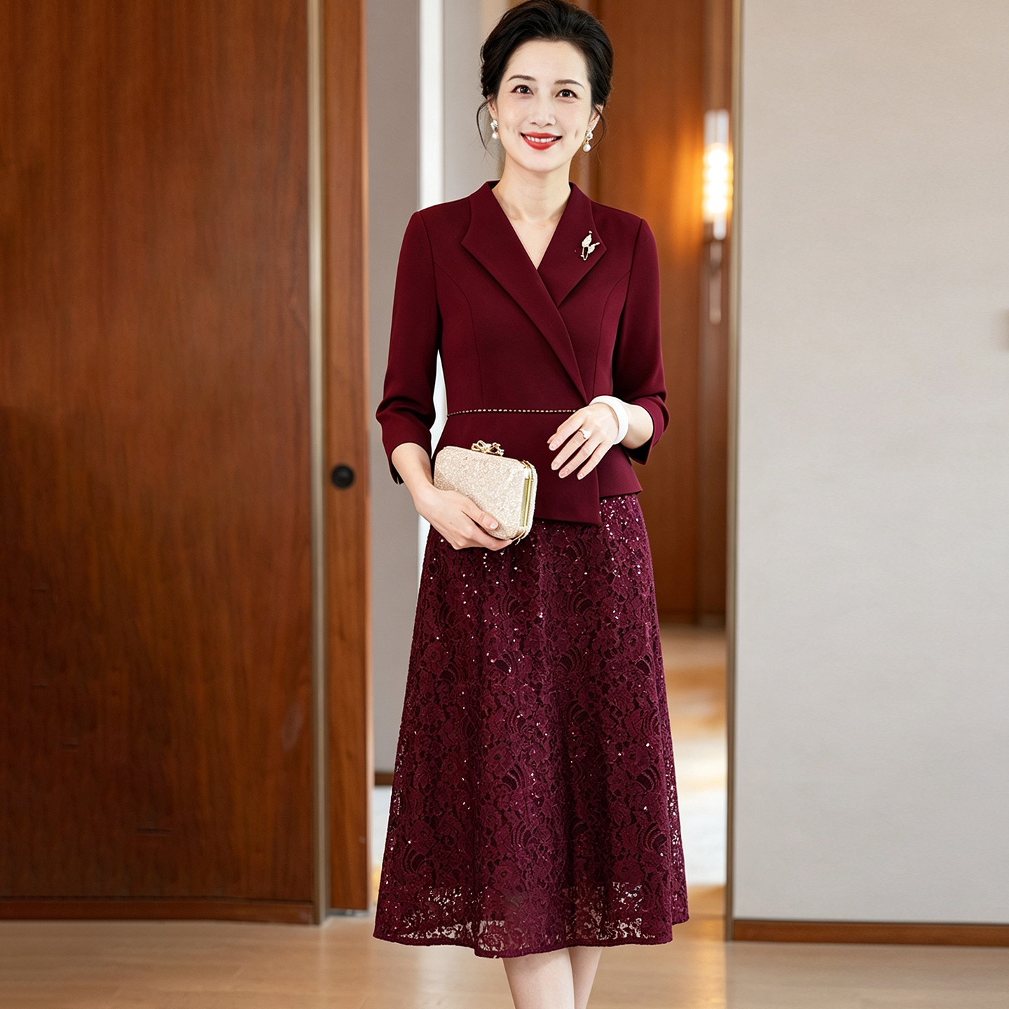 气质妈妈秋装高端假两件拼接蕾丝套装连衣裙喜婆婆婚宴轻奢礼服裙