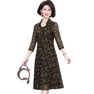 中老年妈妈夏装翻领印花连衣裙台湾网纱阔太太高端洋气弹力裙子女