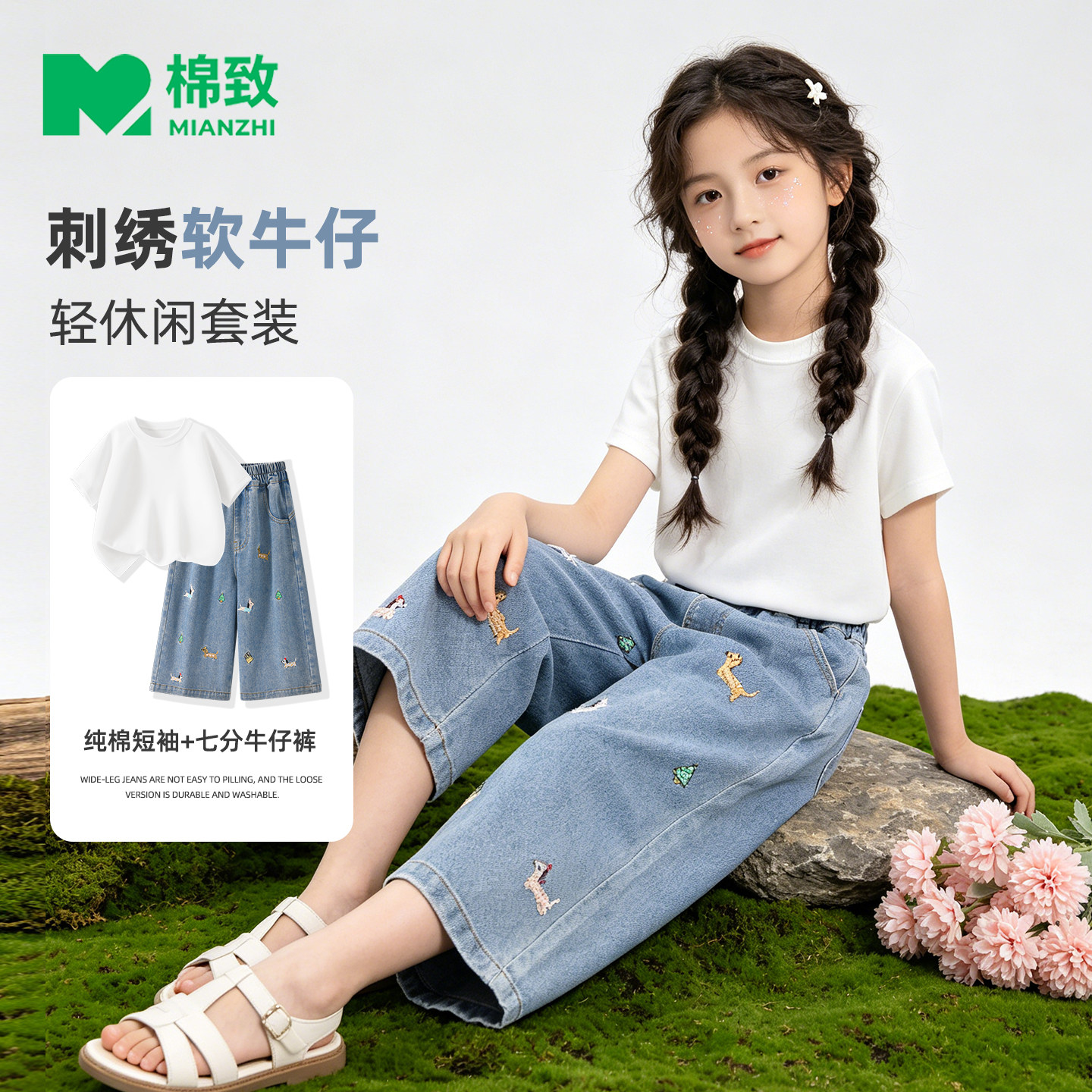 棉致女童夏套装2026新款夏季时髦好看女装女孩短袖牛仔裤儿童夏装