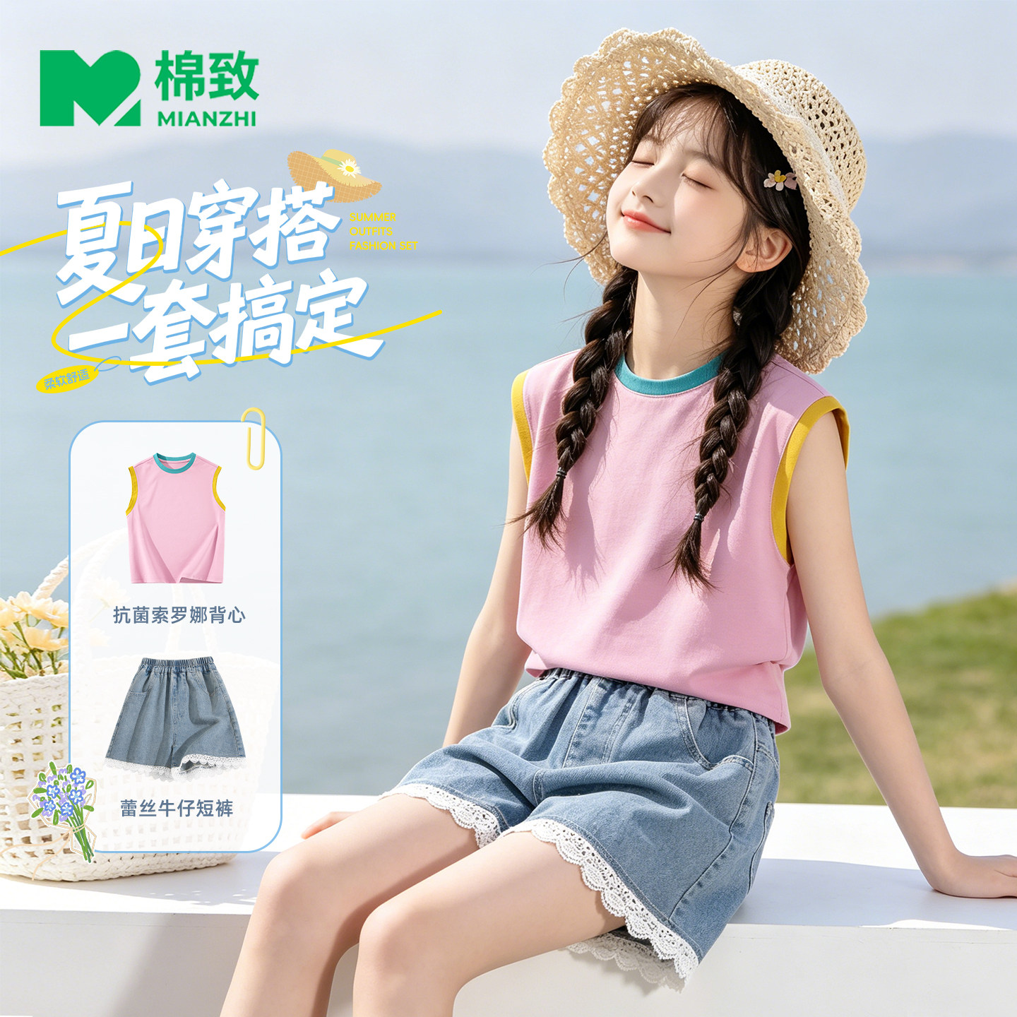 棉致女童夏装套装2026新款凉感背心薄款牛仔短裤夏季休闲儿童衣服