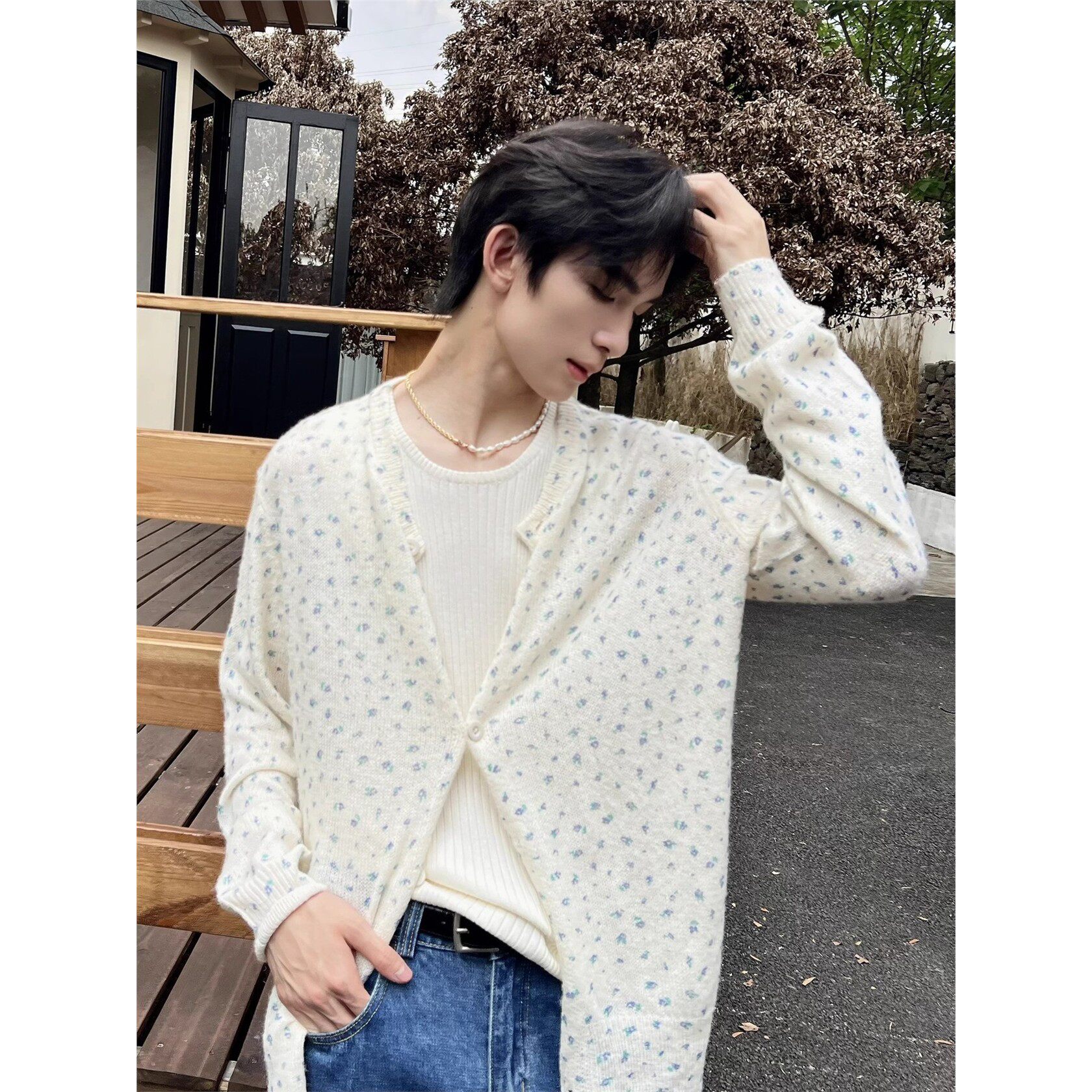 法式复古小碎花慵懒针织开衫男女时髦高级感软糯休闲毛衣外套潮