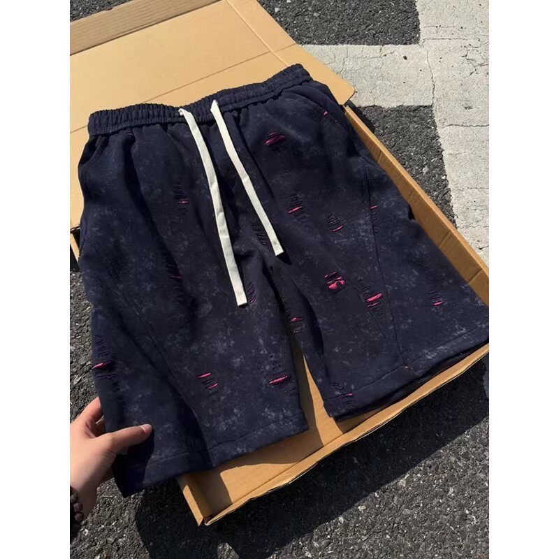 藏青色破洞扎染短裤男款